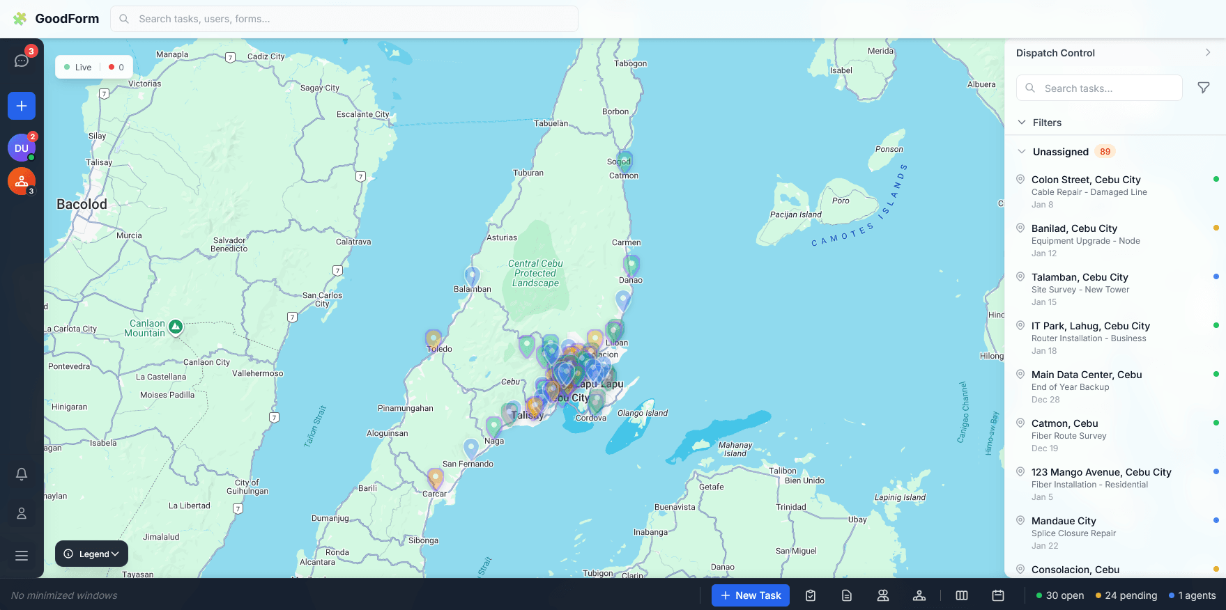 GoodForm app preview showing a map-based dispatch surface and task list